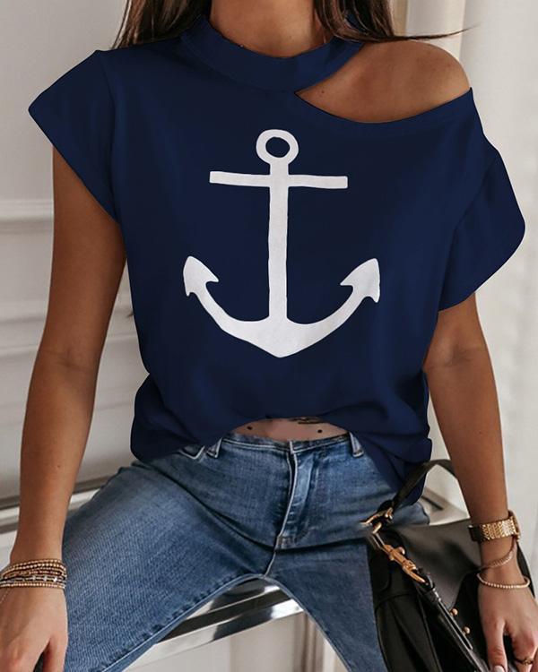 Boat Anchor Print Cold Shoulder Casual T-shirt