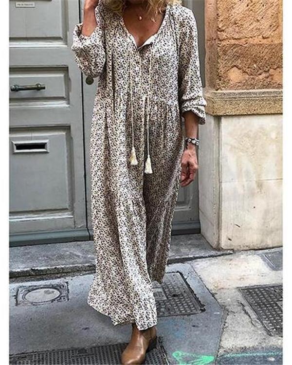 Women Shift Boho Floral Maxi Dresses Long Sleeve V Neck Dresses