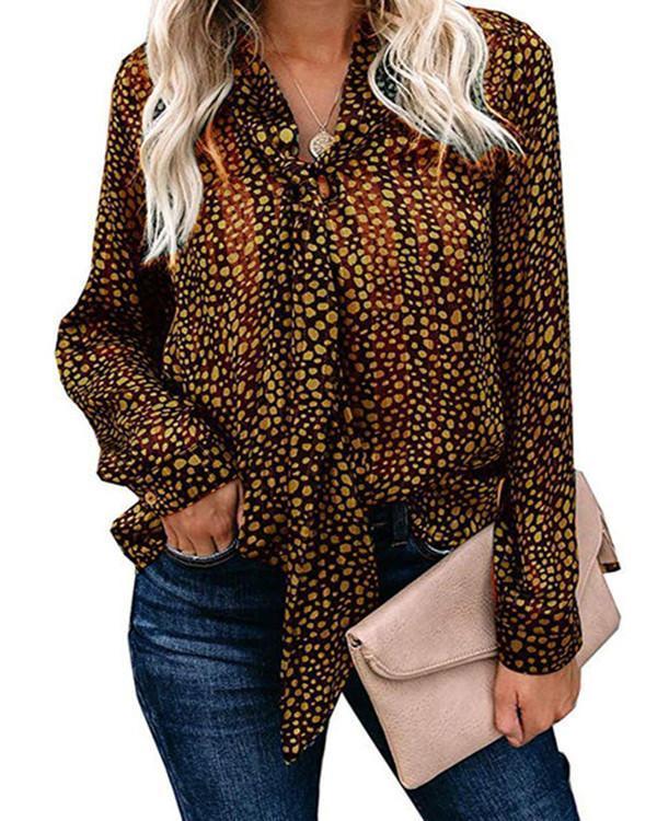 Casual Tie-Neck Long Sleeve Printed Blouses