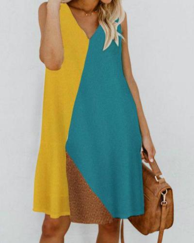 V Neck Women Summer Dresses Shift Daily Cotton-Blend Color-Block Dresses