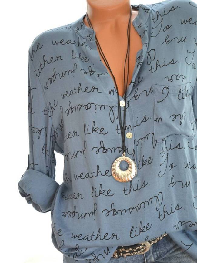 Printed Letters V-neck Button Long Sleeve Shirts