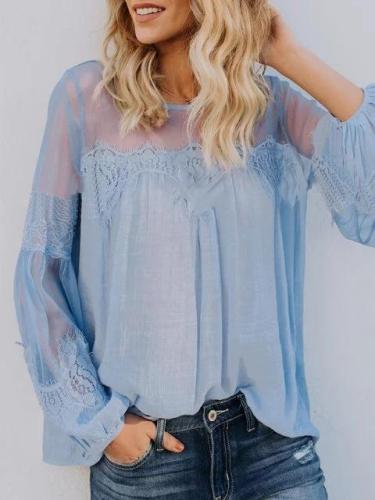 Lace Solid Long Sleeve Crew Neck Casual Blouse