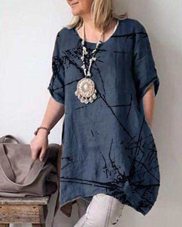 Summer Casual Crew Neck Short Sleeve Cotton Plus Size Dresses