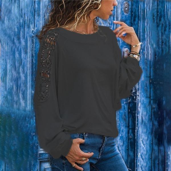 Round Neck Long Sleeve Lace Patchwork T-Shirts