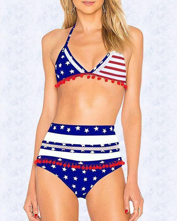 American Flag Printed Sexy Halter High Waist Bikini