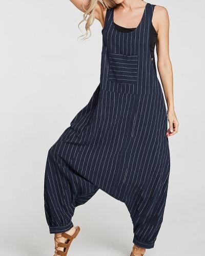 Cotton Sleeveless Casual Striped Suspender Jumpsuit