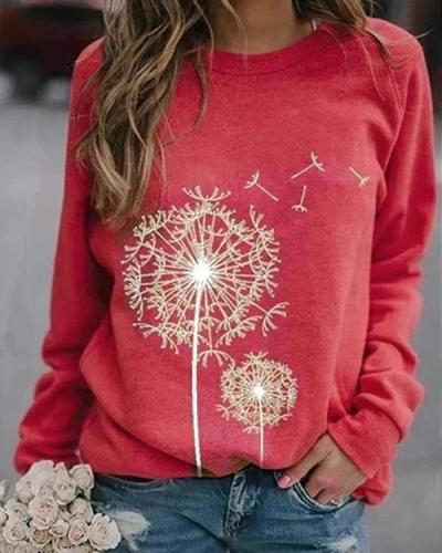 Dandelion Printed Round Neck Casual Loose Sweater