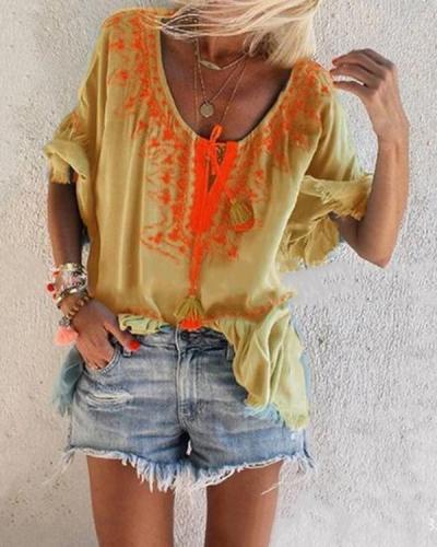 Casual Half Sleeve Floral-Print V Neck Blouses