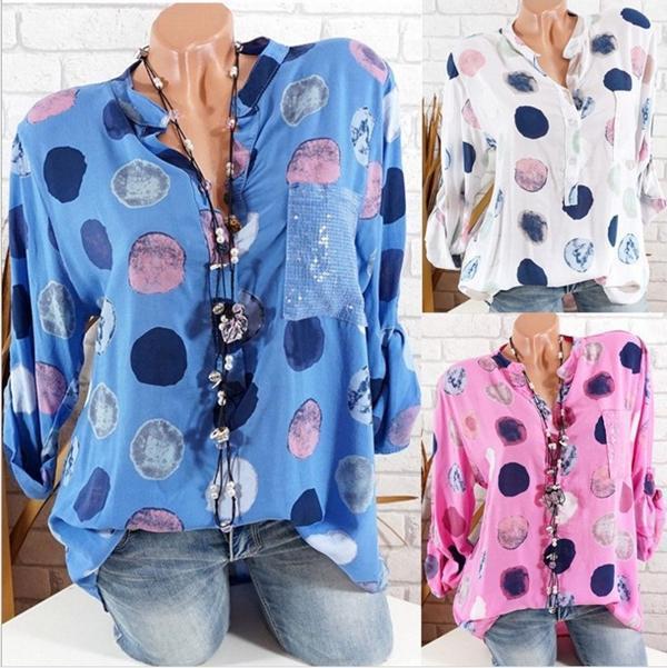 Women Casual Polka Dot With Pockets Plus Size Blouses Tops