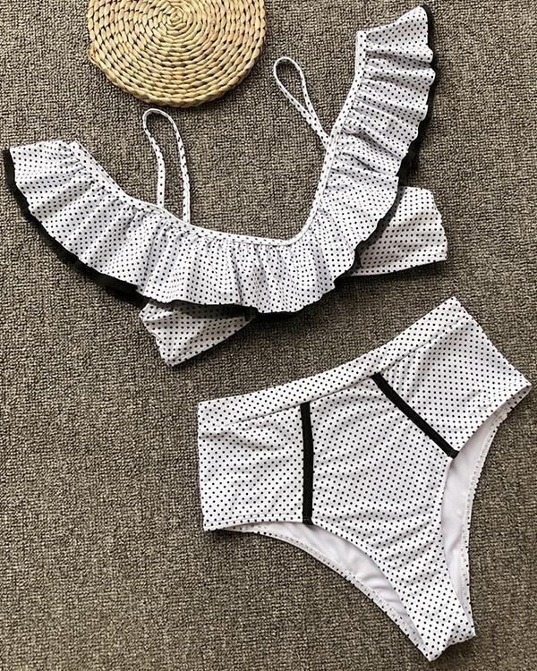 Cute Dot Print Ruffle Lace Highwaist Two Pieces Bikini