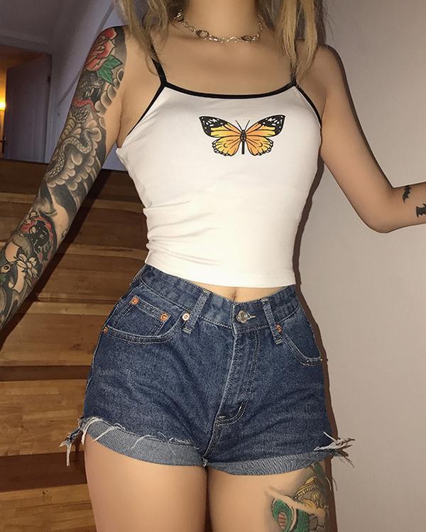 Cute Butterfly Printing Cotton Tank Tops Street Casual Tees