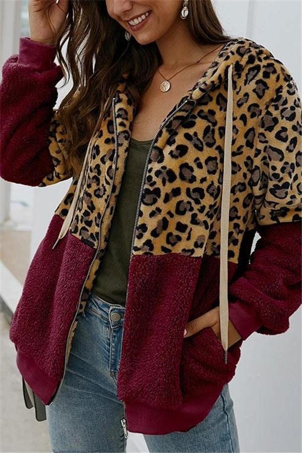 Leopard Zip-Up Patchwork Hooded Coat(5 Colors)