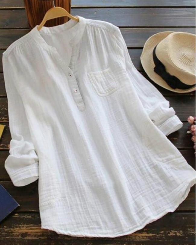 Women Cotton solid Blouse Wild long sleeve Plus Size Shirt