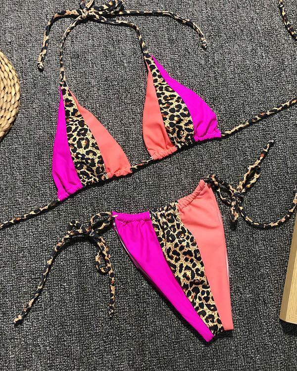 Leopard Stitching Bandage Sexy Swimsuit Bikini