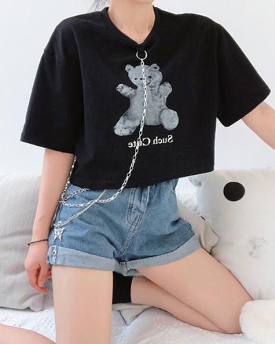 Women's bear print chain cotton T-shirt