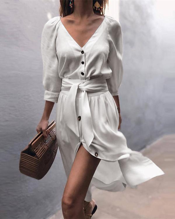 Women Casual Solid V-Neck Strap Half Sleeve Dress