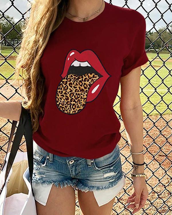 Women Lip Printed Leopard T-shirt O Neck Tops