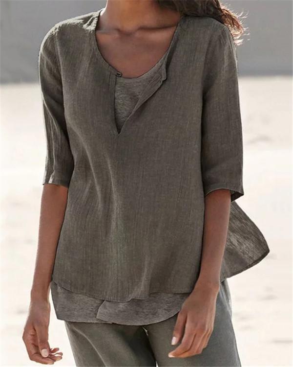 Women Clothing Half Sleeve V Neck Casual Solid Shirts