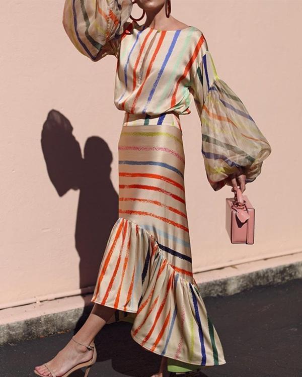 Fashion Colorful Stripe Stitched Lantern Sleeve Casual Dress