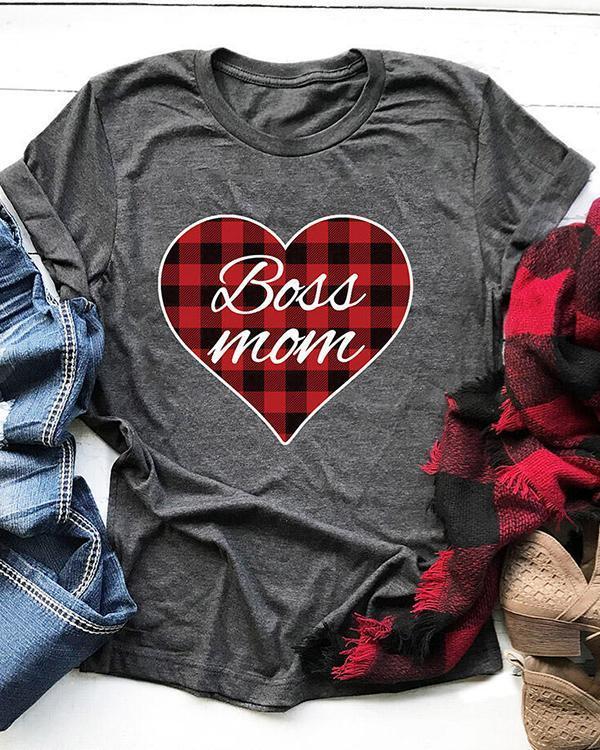 Plaid Printed Heart Boss Mom T-Shirt Tee