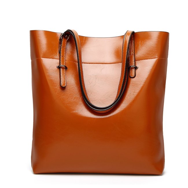 Women Oil Leather Tote Handbags Casual Solid Color Shoulder Bags