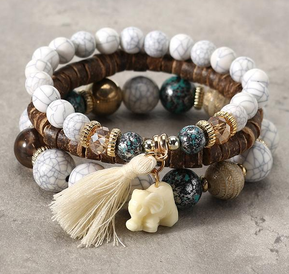 3 Pcs/set Bohemian Multilayer Beads Bracelet Wood Elastic Bracelet with Tassel Pendant Gift for Her