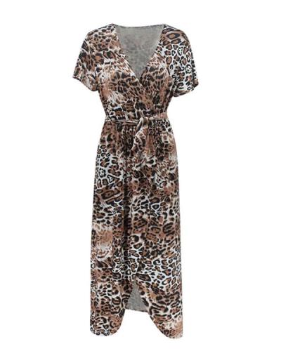 Fashion Leopard Printed V-section Short Maxi Dress