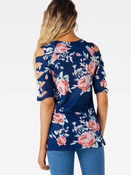 Cut Out Cold Shoulder Floral Print Crew Neck Short Sleeves Tshirts