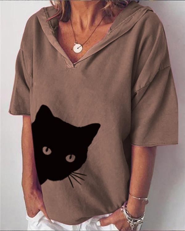 Cat Printed V Neck Loose New Casual Lady Daily Shift Tops