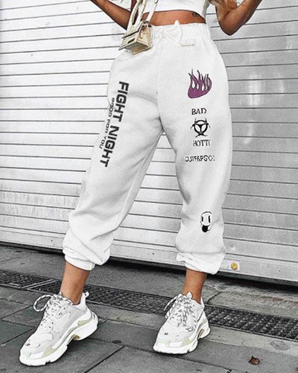 High Rise Lace Up Lettering Graffiti Print Sweatpants