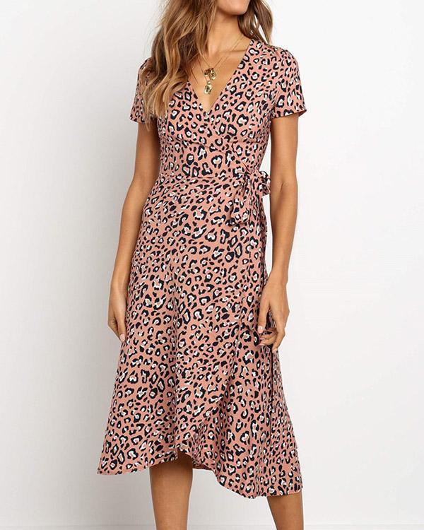 Chiffon Leopard Printed V-neck High Waist Lace-up Dress