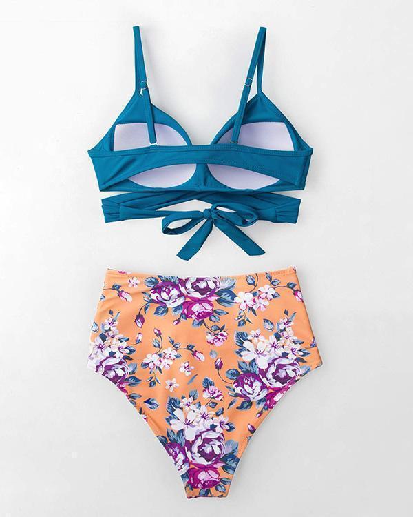 Blue And Floral High Waist Bikini Set