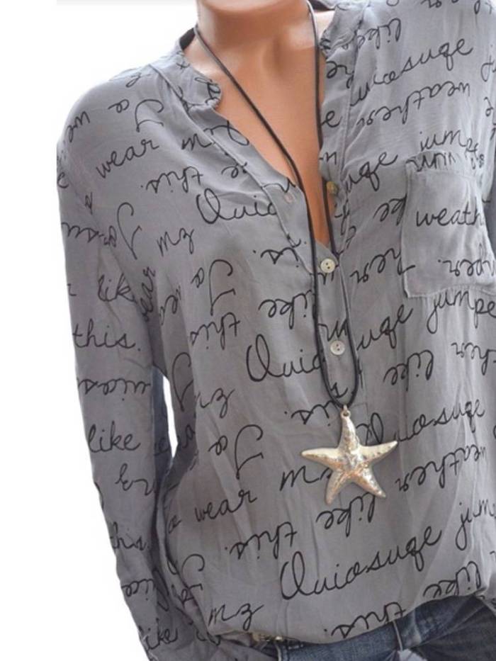 Printed Letters V-neck Button Long Sleeve Shirts