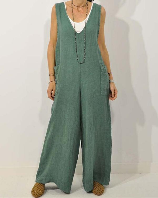 Women Casual Cotton V Neck Sleeveless Solid Jumpsuit