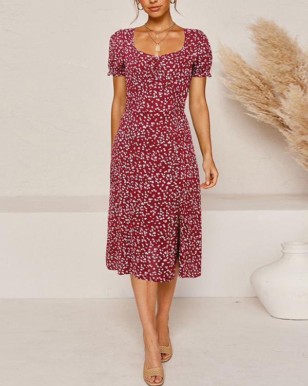 Fashion Floral Split High-Slim Short-Sleeve Dress