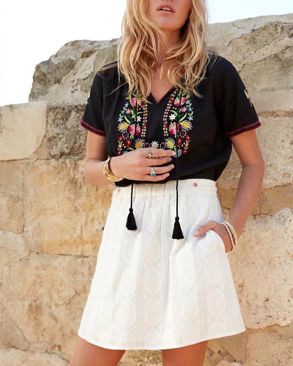 Floral Embroidered Short Sleeve Blouse Tops