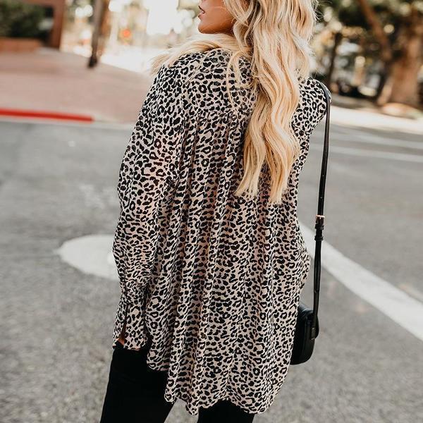 Lapel Leopard Printed Long Flare Sleeve Fashion Blouses