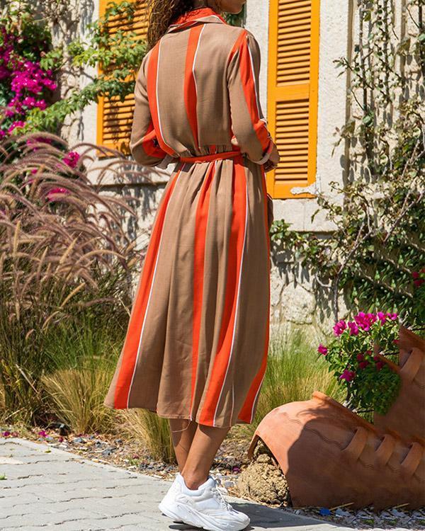 Casual Chiffon Color Block Pockets Shirt Maxi Dress