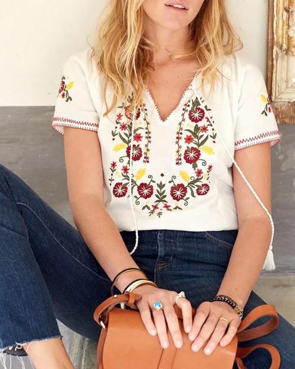 Floral Embroidered Short Sleeve Blouse Tops