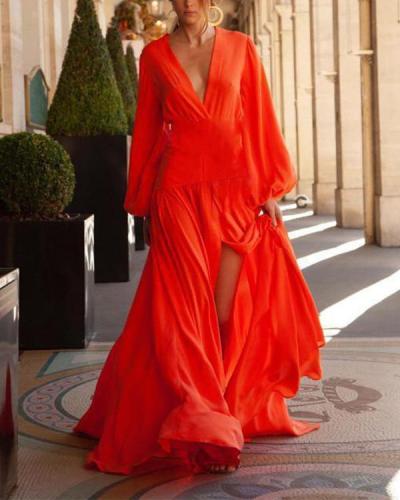 Red Women Elegant Maxi Dress Vacation V-neck Dresses