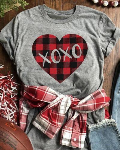 Valentine Plaid Splicing Xoxo Heart T-Shirt Tee
