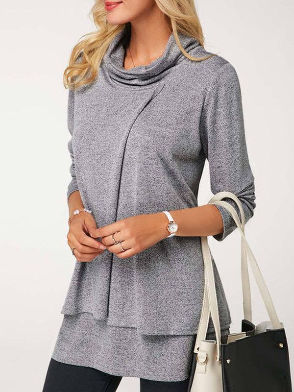 Casual Long Sleeve Cowl Neck Folds T-Shirts