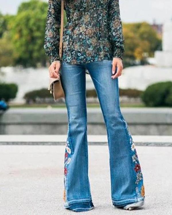 Fashion Embroidered Stretchy Bell-bottoms Jeans