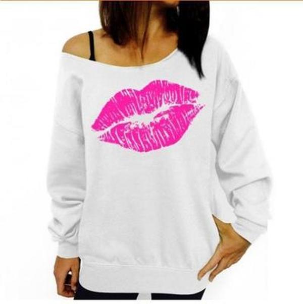 Casual Lips Print Off-shoulder Long Sleeve Women Sweatshirts