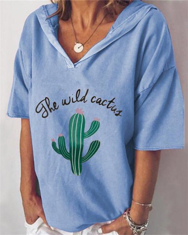 Cactus Printed V Neck Casual Short Sleeve Blouse