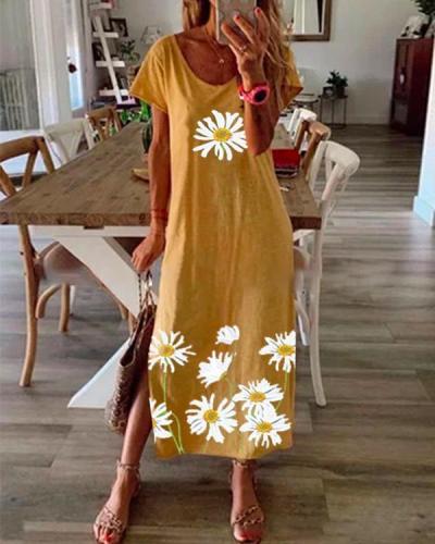 Floral Printed Summer Maxi Dress Crew Neck Women Dresses