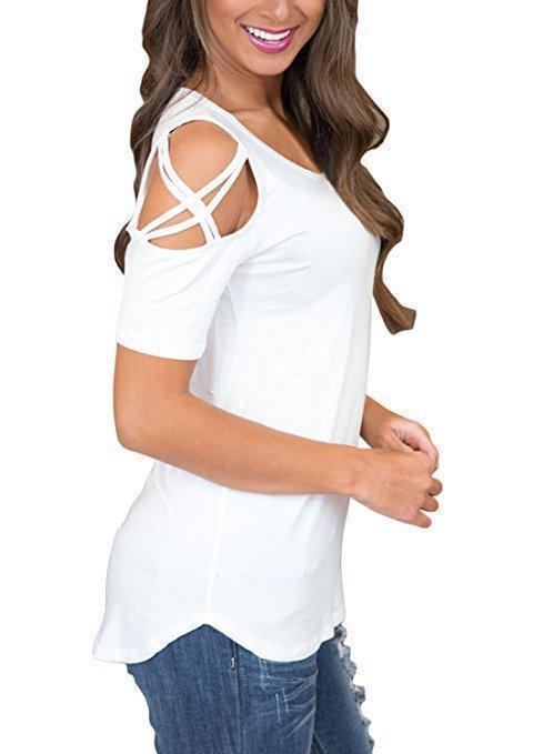 Lace-up Design Round Neck Short Sleeves T-shirts