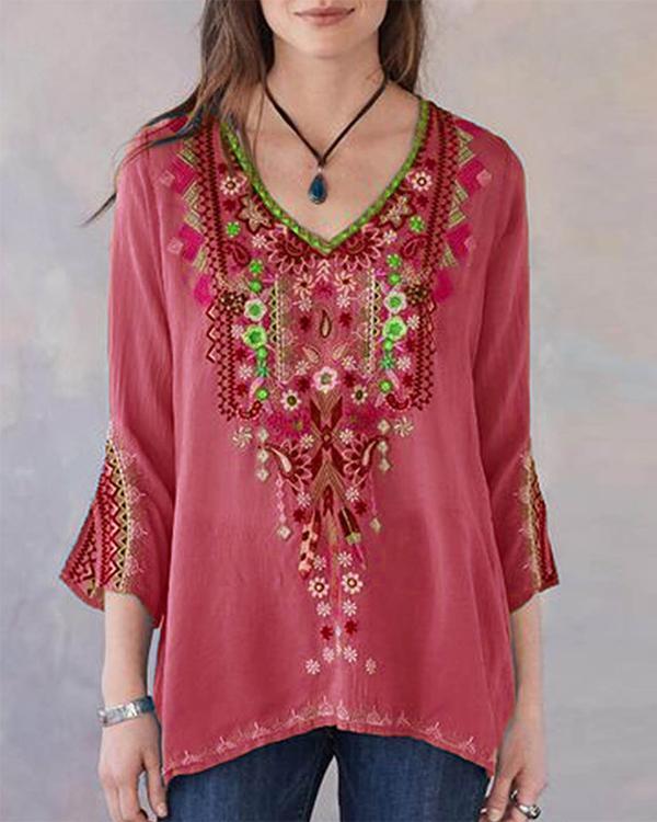 Embroidered V-neck Long Sleeve Vintage Blouse