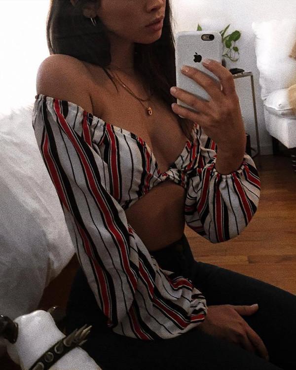 SEXY OFF SHOULDER MIDRIFF BARING STRIPE SUIT PANTS