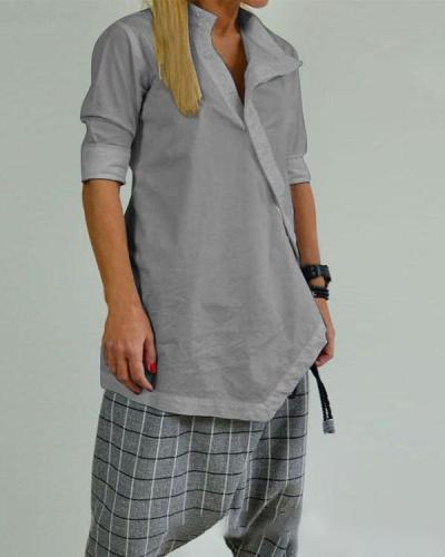 Solid Color Asymmetrical Button Casual Blouse